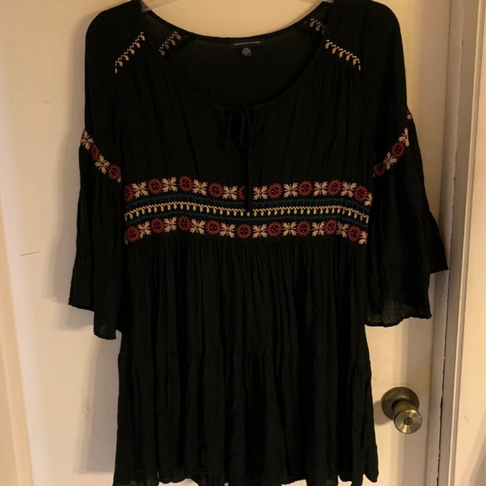 American Eagle Outfitters Black Boho Embroidered Peasant Blouse
